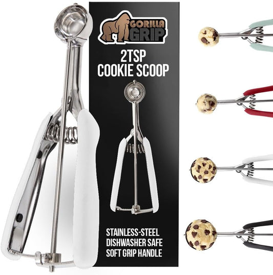 GORILLA GRIP Stainless Steel Multipurpose BPA-Free Spring Scoop, 2 TSP, Melon Ballers, Cookie Dough Scoops, Perfect Portion Sizes, Easy Squeeze and Clean Release, Scooper Size 100, White