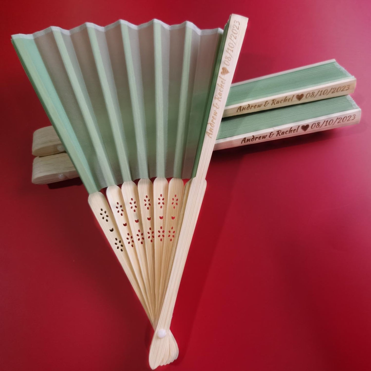 Personalized Wedding Fans Handheld Folding Fans (150Pcs) - Custom Engraved Green Silk Fans for Bridal Shower Favor/Baby Shower Favor, Birthdays Party Gifts/Gifts for Party Guests