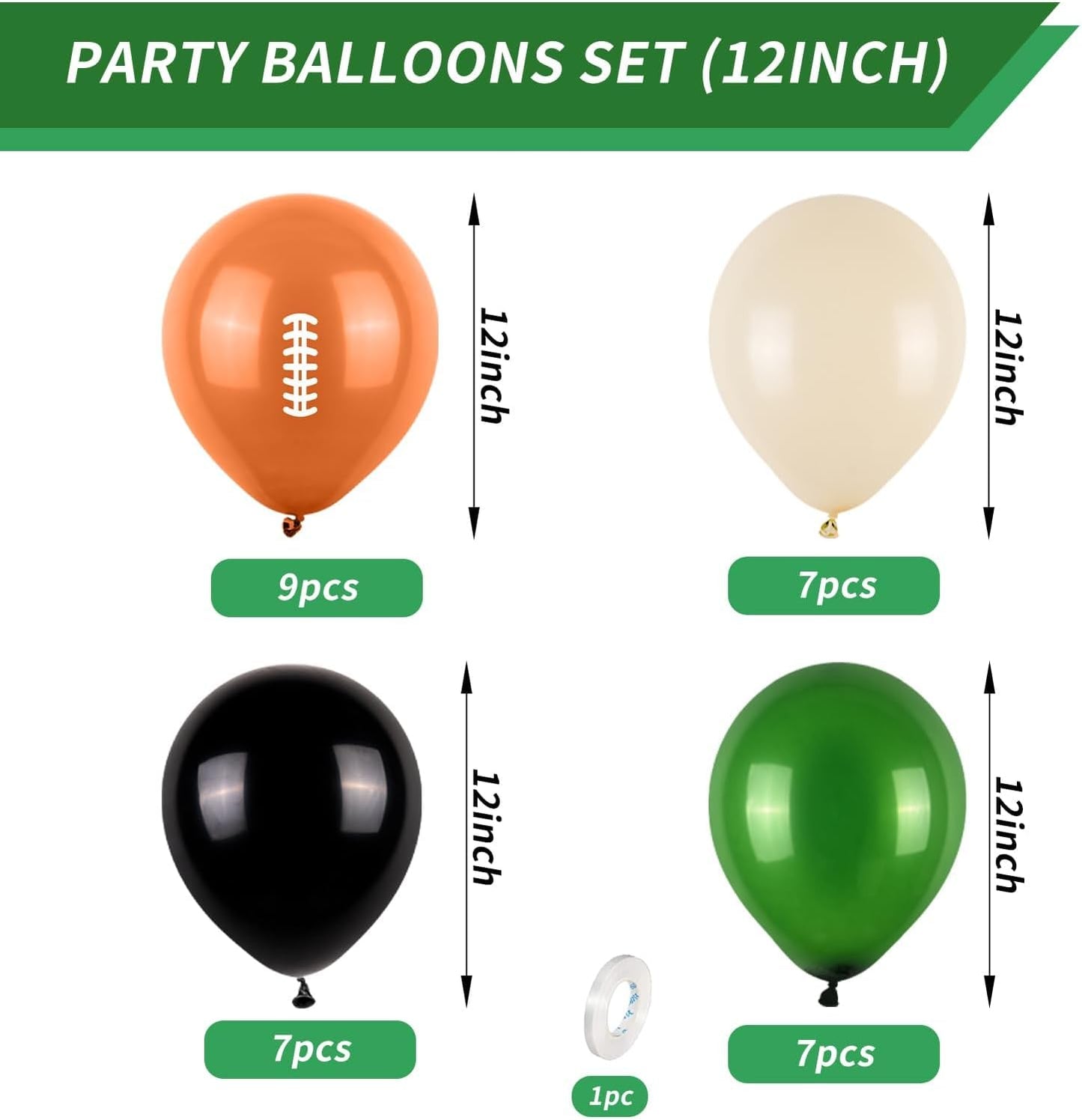 12 Inch Football Printed Party Balloons - Dark Green, Black, Beige - Boys Sports Birthday Party Decorations