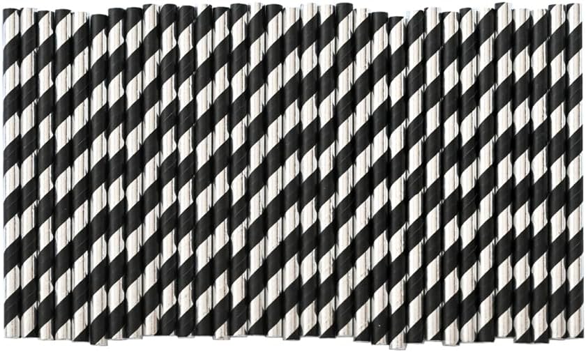 Cocktail Paper Straws - Black Silver Striped Biodegradable Disposable Drinking Straws for Brithday, Wedding, Holiday, Cake Pop Sticks - 5.75 inch
