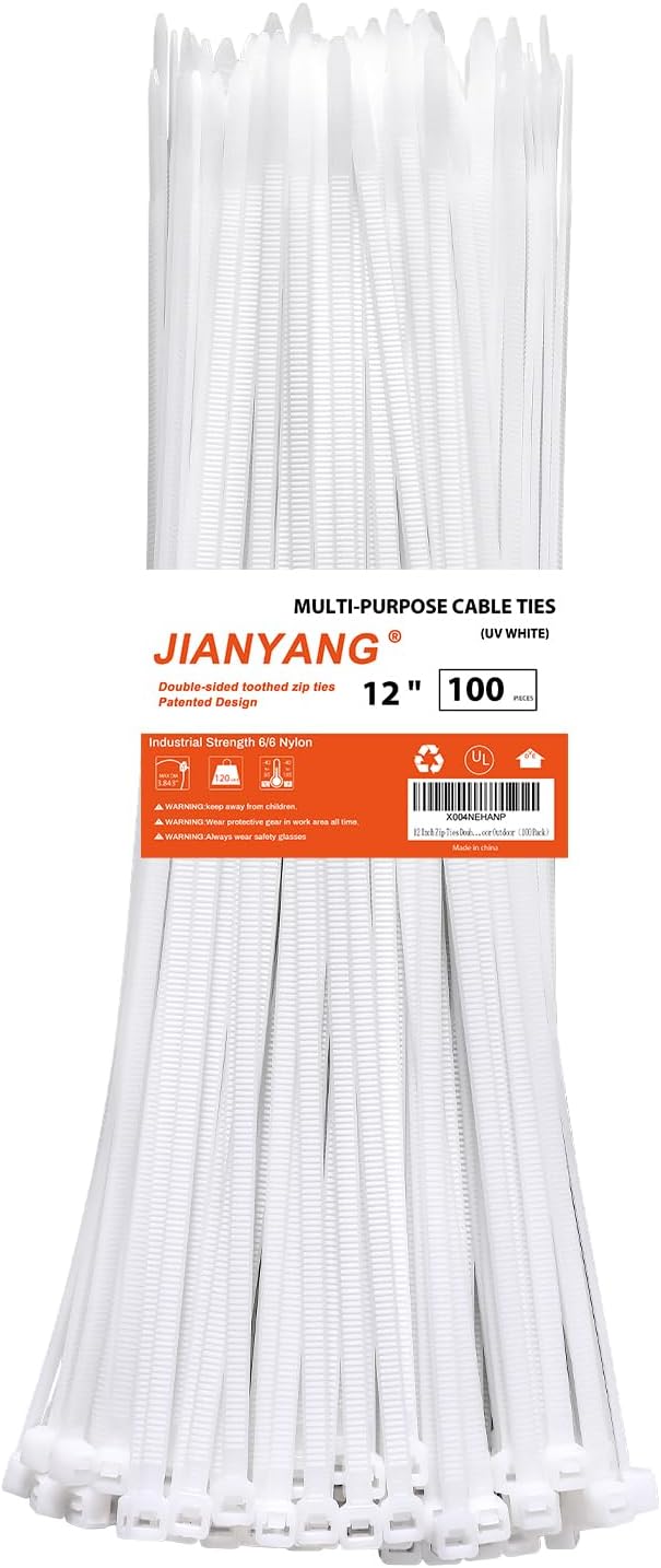 12 Inch White Zip Ties Double Sided Toothed,120 LBS Tensile Strength Heavy Duty Cable Wire Ties With Self-Locking Adjustable More Durable Nylon Tie Wraps for Indoor Outdoor（100 Pack）