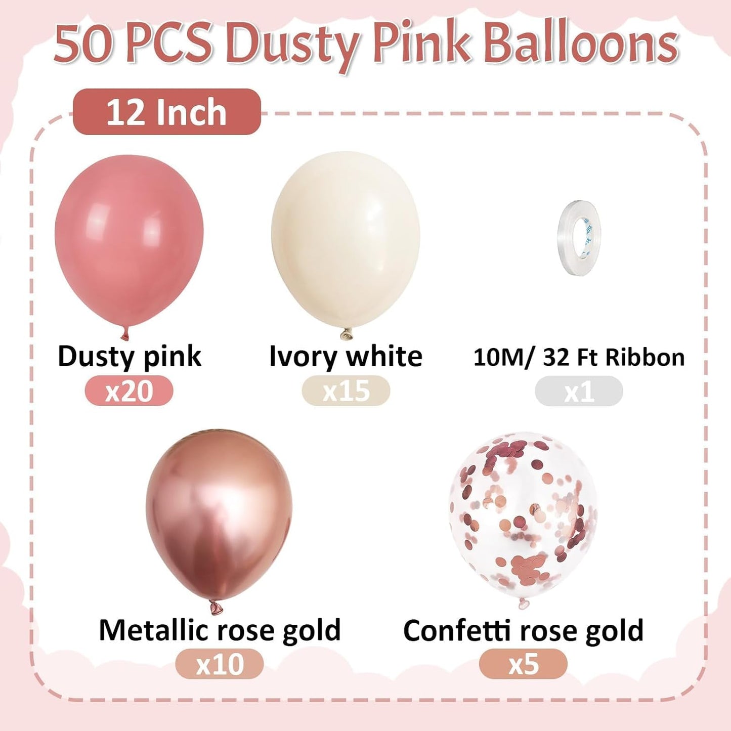 Paready Dusty Pink Balloons, 50 Pcs Retro Blush Pink White Balloons, 12 Inch Metallic Confetti Rose Gold Balloons Helium with Ribbon for Girls Wedding Bridal Baby Shower Birthday Party Decorations