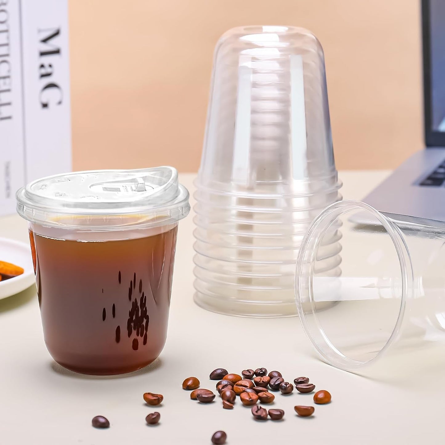 12oz Disposable Stemless Glasses With Strawless Sip Lids,PET Disposable Drinking Cups,Clear Plastic Wine Glasses for Parties Birthday,Wedding,Meeting,Christmas Party Supplies. (100, Transparent)