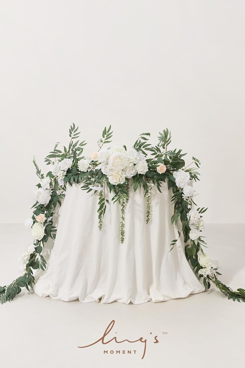 Ling's Moment 9FT Spring Flower Garland for Backdrop Decorations - Wedding Arch Flowers, Eucalyptus & Rose, Artificial Floral Garland for Mantel - Sweetheart Table Decor for Reception, White & Sage