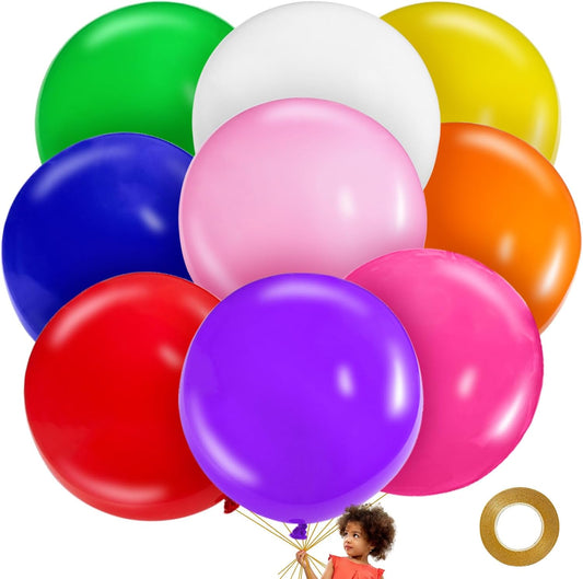 KAWKALSH Assorted Rainbow Giant Balloons 36 Inch, 9pcs Jumbo Multicolor Large Round Latex Balloon for Birthday Baby Shower Wedding Party Decorations