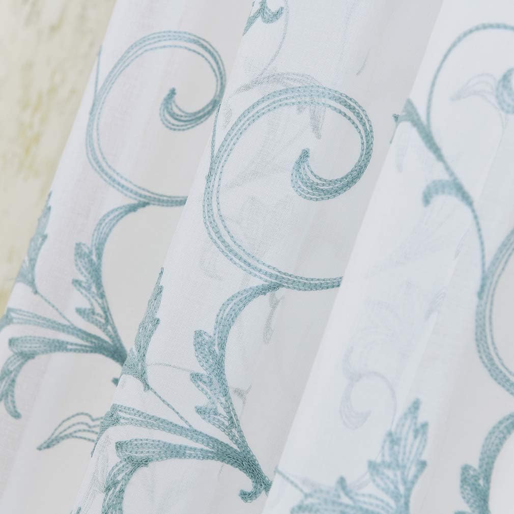 Embroidered Sheer Curtains Blue 95 Inches Vintage Floral, Window Treatments Rod Pocket Drapes for Living room, Bedroom, Semi Crinkle Voile Curtain Panels for Yard, Villa, Parlor, Set of 2, 52"x95".