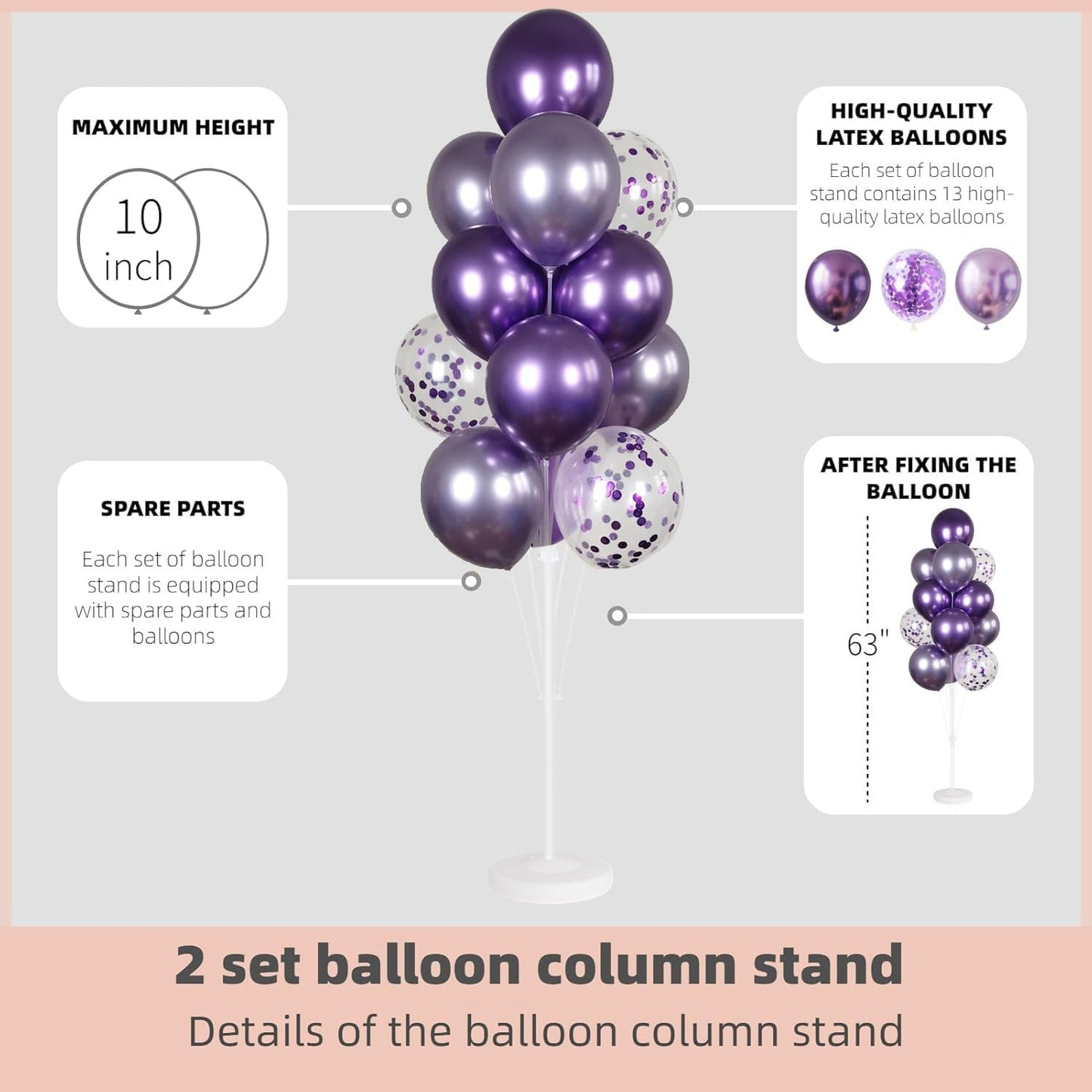 Balloon Column Kit Set of 2 With Confetti Balloons Included - Metallic Purple Balloon Tower with Stand, Base, and Pole,Backdrop Decoration for Wedding, Baby Shower, Birthday Party, Bachelorette Party