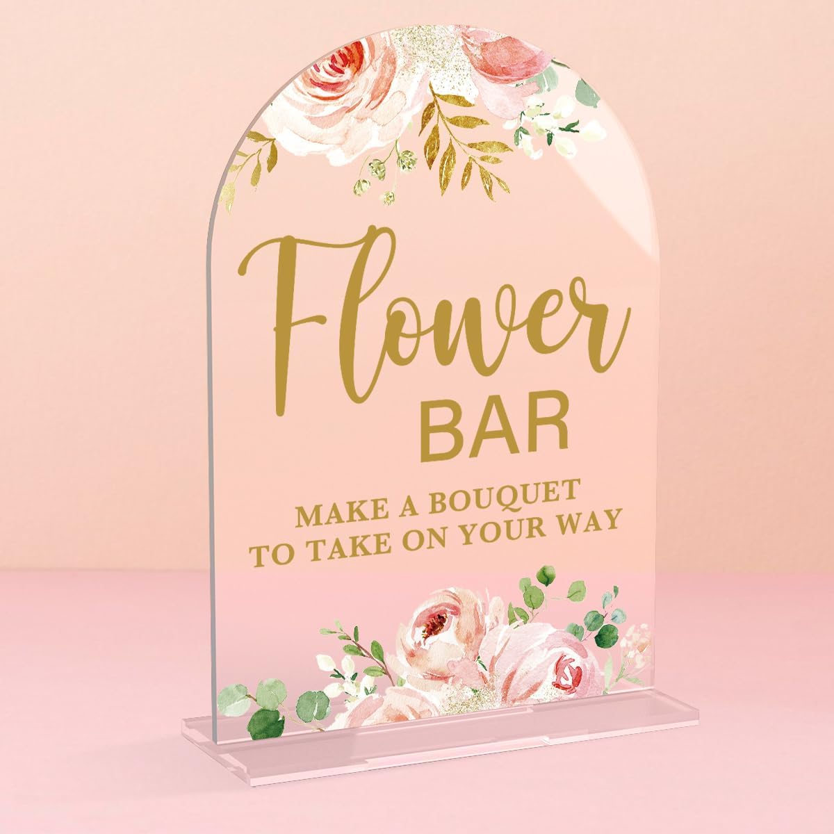Acrylic Wedding Signs, Flower Bar Desk Decor, Flower Bar Signs for Ceremony, Modern Calligraphy Arch Acrylic Table Top Sign for Wedding Reception and Engagement Parties (Clear Pink Flowers)