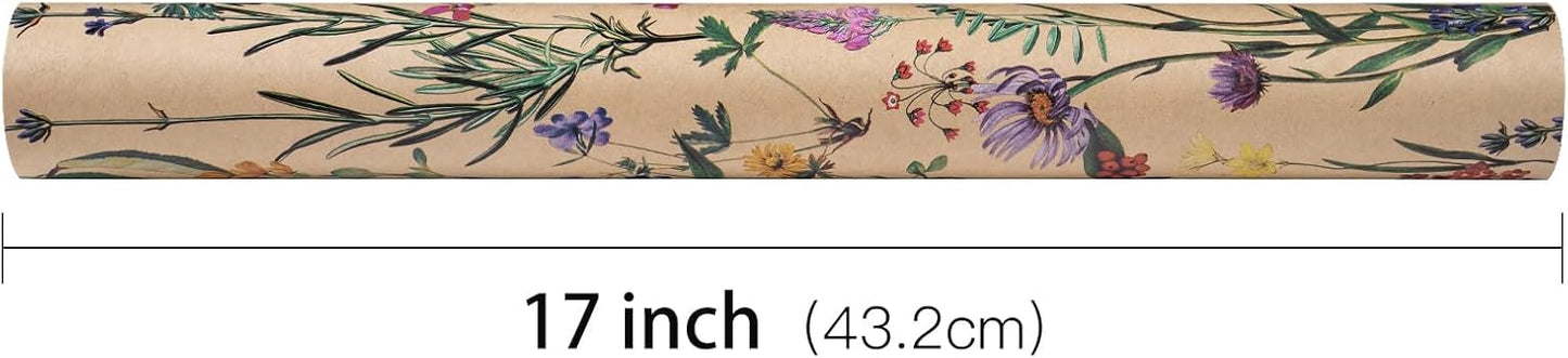 RUSPEPA Wild Flower Wrapping Paper Roll for Women, 17 Inches x 32.8 Feet, Mini Roll, Kraft Floral Design Wrapping Paper for Christian Gifts, Birthdays, Weddings, Bridal Shower and Engagement