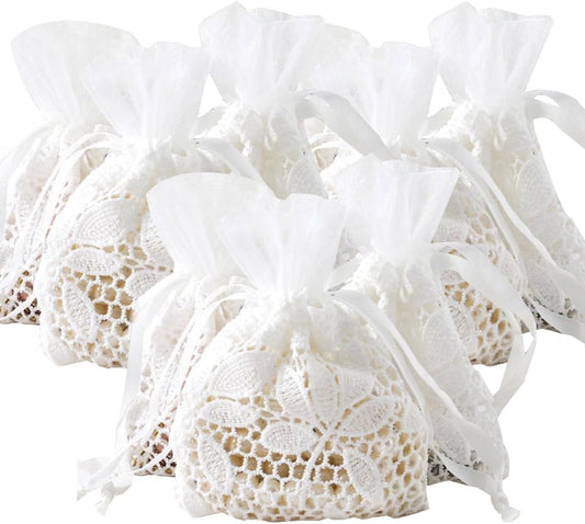 Ewanda store 8Pcs Lace Organza Drawstring Bags White Leaf Cotton Drawstring Bag for Wedding Christmas Birthday Party Favors Jewelry Pouches