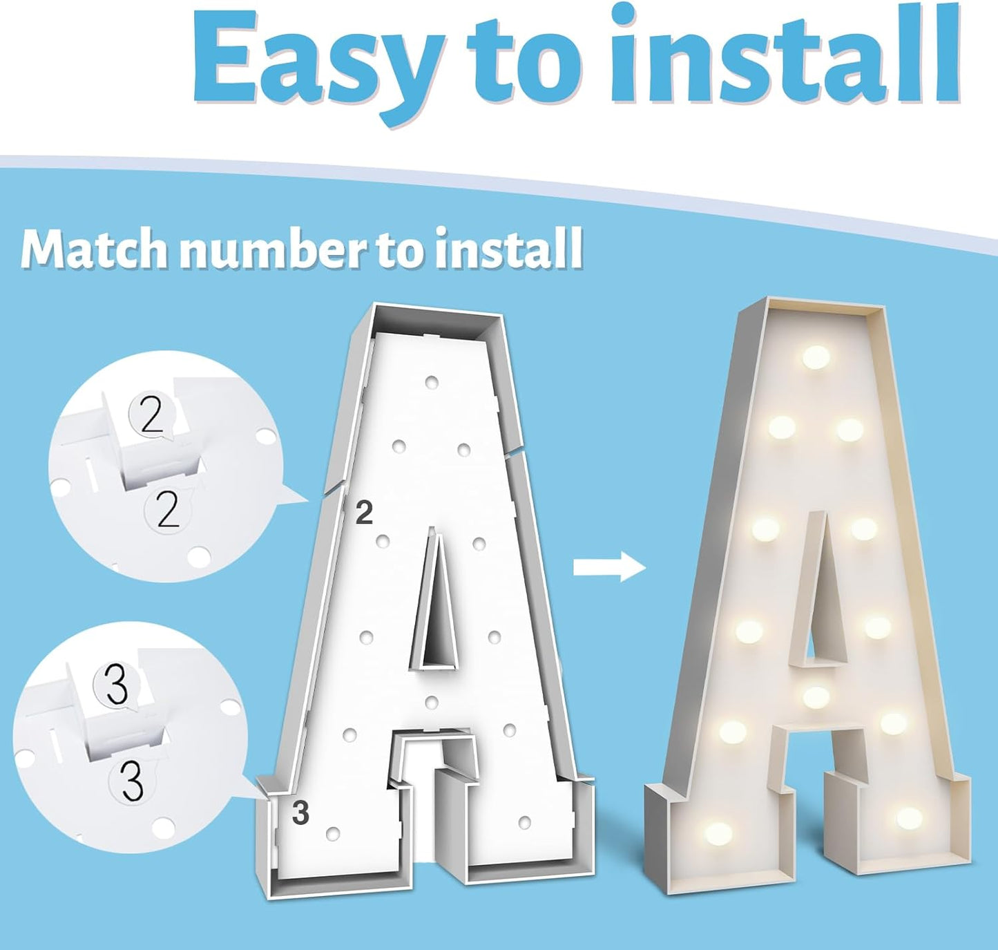 4FT Marquee Light Up Letters A,Party Decoration Large Marquee Light Up Letters with Weighted Water Bag,Pre-cut Foam Board Set Can Be Used for Birthdays,Weddings,Baby Anniversaries