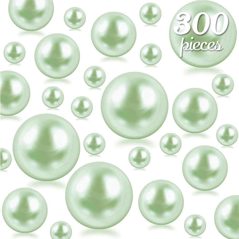 300Pcs Light Green Polished No Hole Faux Pearl Beads for Vase Filling Decorations, Plastic Pearls Vase Fillers, Table Scatters, Wedding Centerpiece, Home Decor, 8/14/20 mm