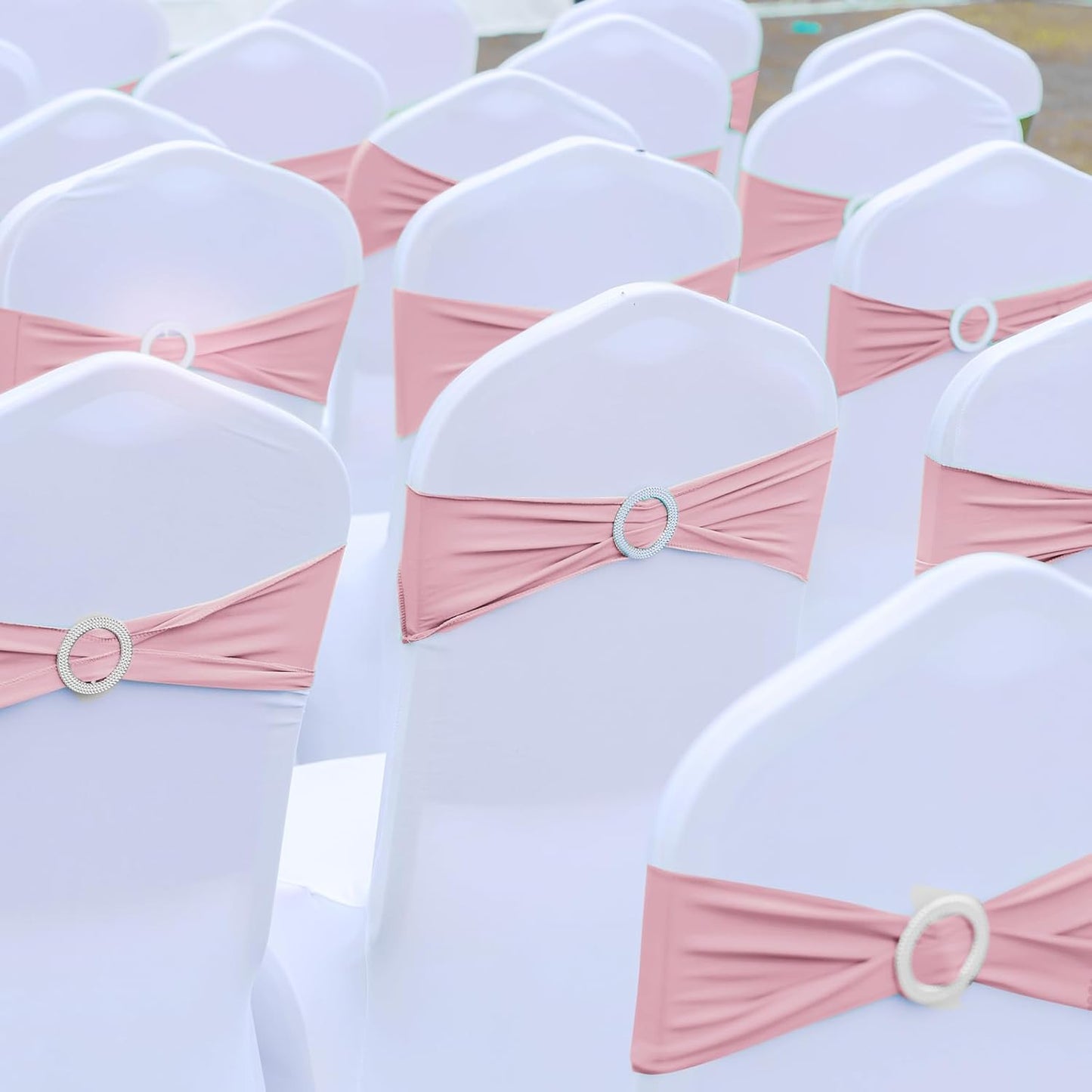 CHENGU 150 Pieces Spandex Stretch Chair Sashes Bows Elastic Chair Cover Bands Ties with Buckle Slider for Wedding Party Reception Events Universal Ceremony Banquet Decorations(Dusty Pink)