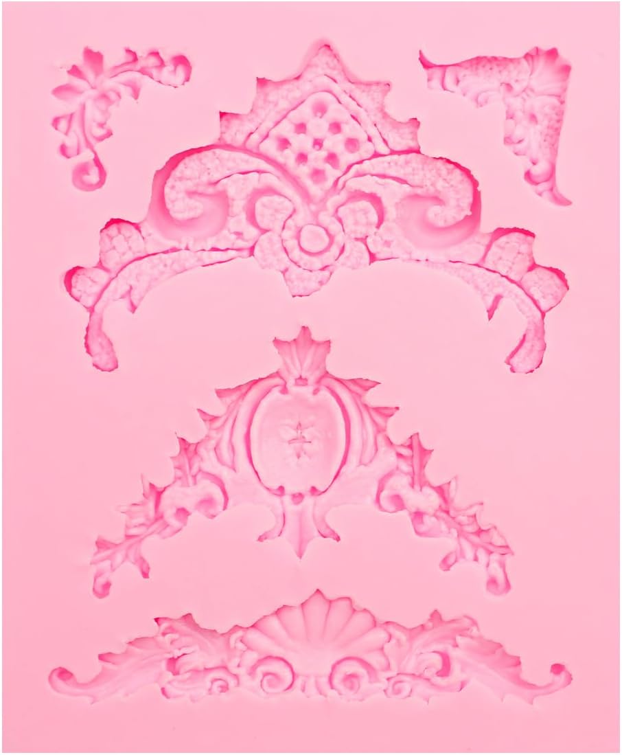 Baroque Scroll Silicone Fondant Molds, 8-Piece Decorative Border Cake Molds Set for Cupcake Topper Candy Gummy Clay DIY Crafts, Pink