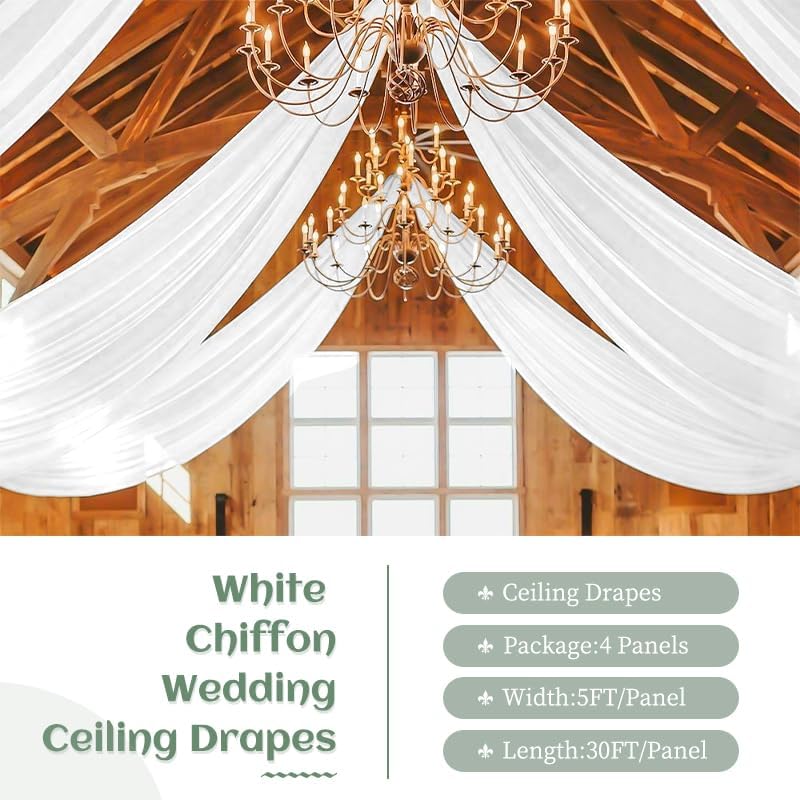 4 Panels White Wedding Ceiling Drapes 5ftx30ft Ceiling Drapes Chiffon Fabric Arch Draping Sheer Curtains Soft Drapery Draping Wedding Ceiling Decorations for Party Ceremony Stage Swag