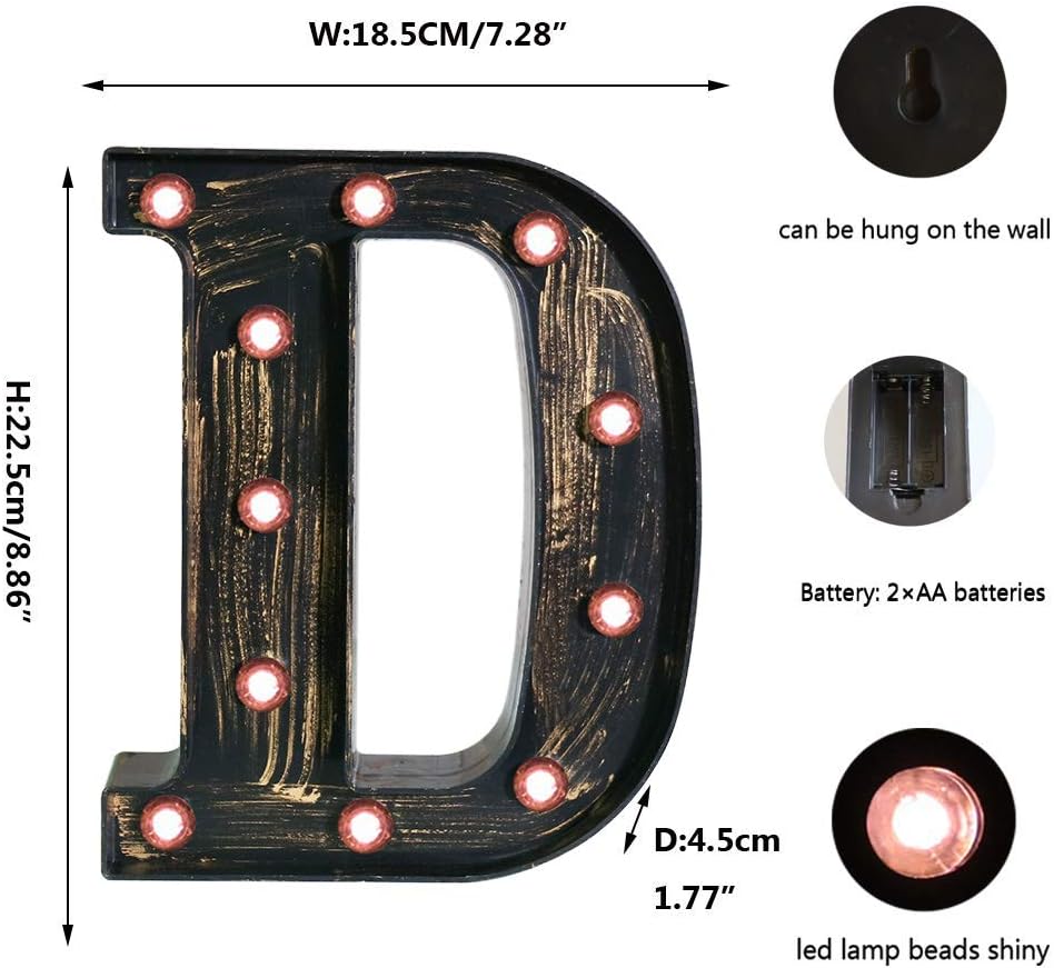 OYCBUZO Golden Black Led Marquee Letter - Industrial, Vintage Style Light Up Alphabet Letter Sign for Cafe Wedding Birthday Party Christmas Lamp Home Bar Initials Decor - D