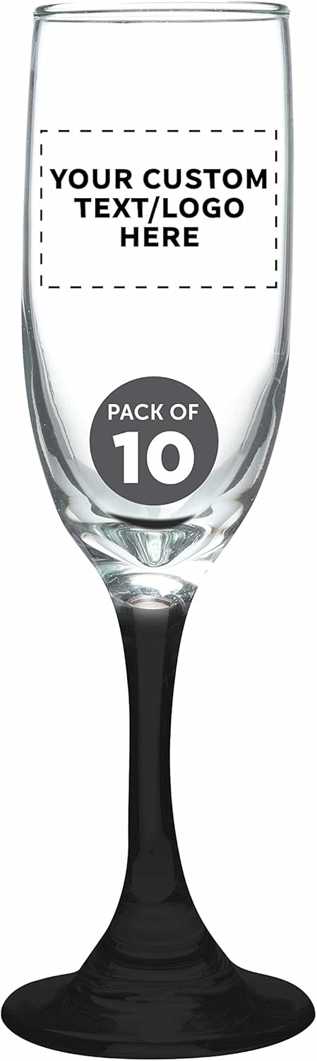 DISCOUNT PROMOS Custom Premiere Champagne Flutes 6.25 oz. Set of 10, Personalized Bulk Pack - Elegant Drinkware for Weddings, Events, & Promotional Gifts - Black
