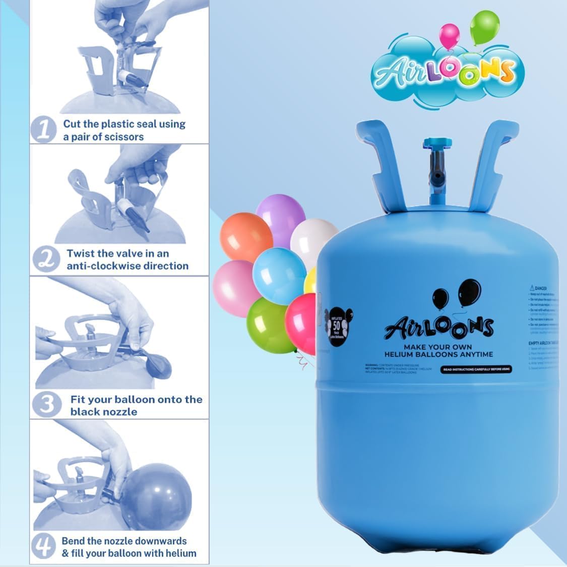 Airloons Helium Tank Balloon Kit with 50 Balloons - 9Inch Latex Balloons | Portable Helium Pump | Disposable Balloon Kit for Birthday Decorations, New Year, Christmas, Party, Home Decoration
