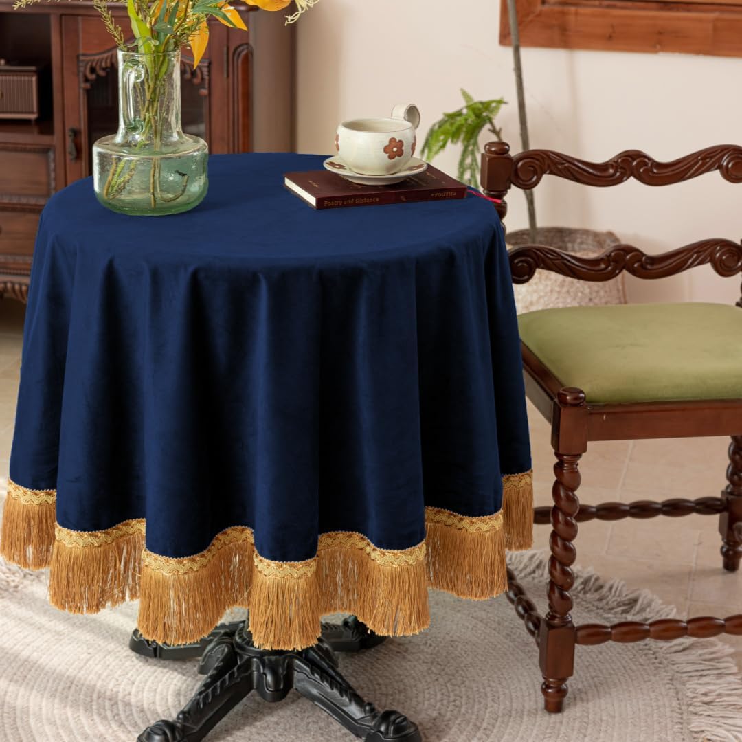 F-CHU Blue Tablecloth Thickset Velvet Tablecloth with Beautiful Gold Tassels Vintage Table Cloth for Home Decor Wedding, Party, Banquet and Events 48" Round