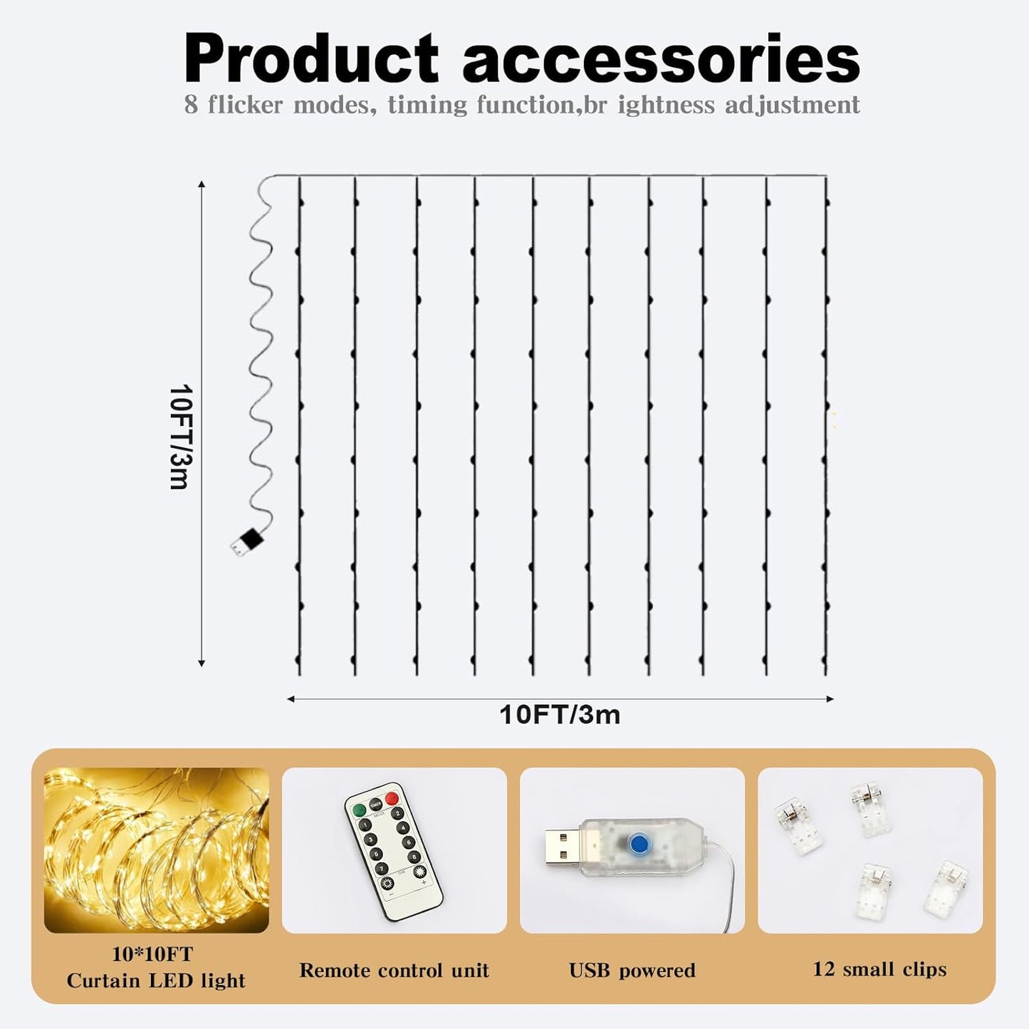 10 * 8FT White Pearl Tulle Double Layered Backdrop Curtain with Lights String and Lining Fabric for Wedding Baby Shower Birthday Parites Photo Decorations