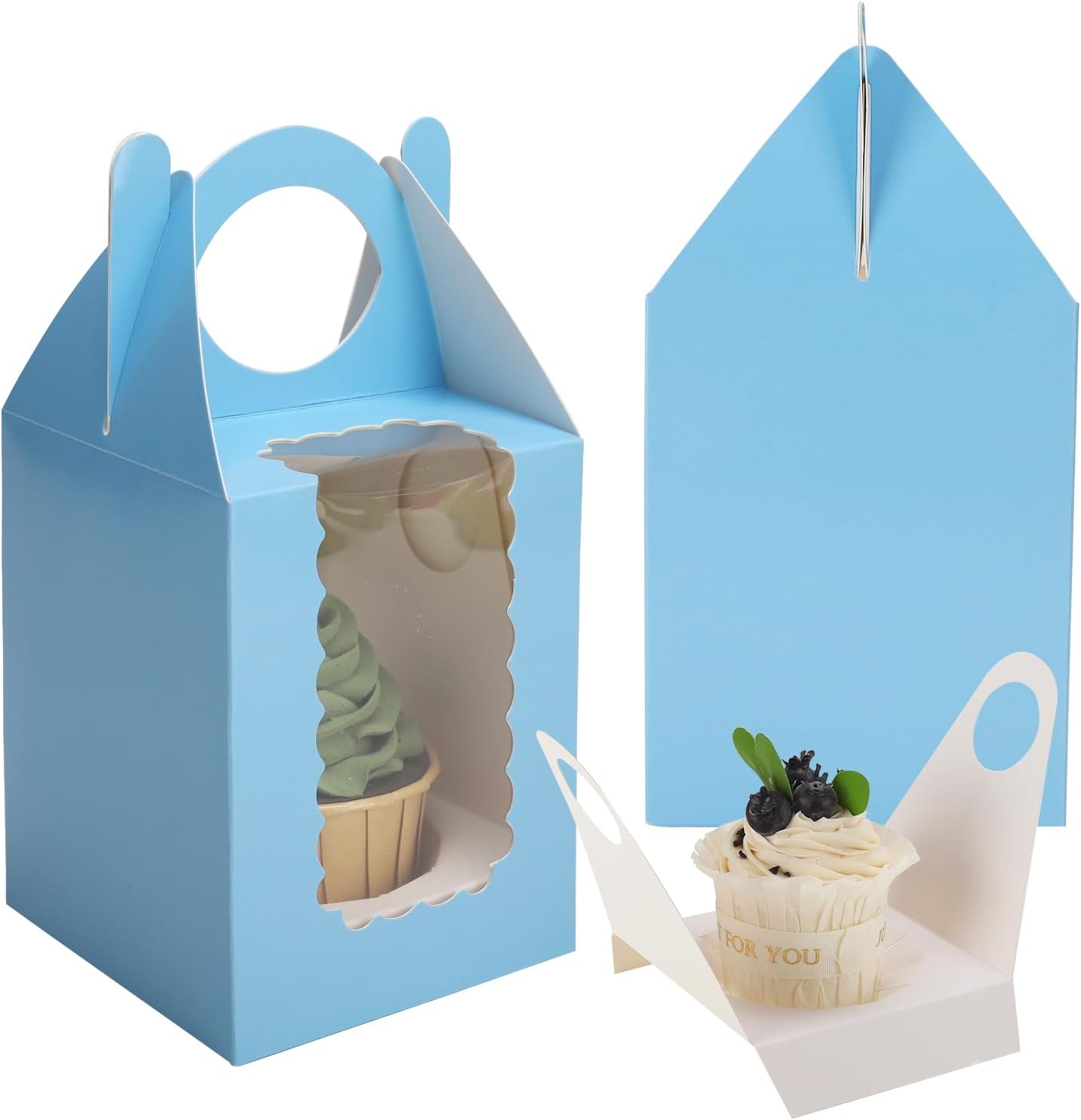 Individual Cupcake Boxes 4x4x5 Inches Disposable Pastry Tray Boxes, With Window Insert and Handle, Perfect for Parties, Birthdays, Bakery Wrapping and Events Containers (Blue-25Pack)