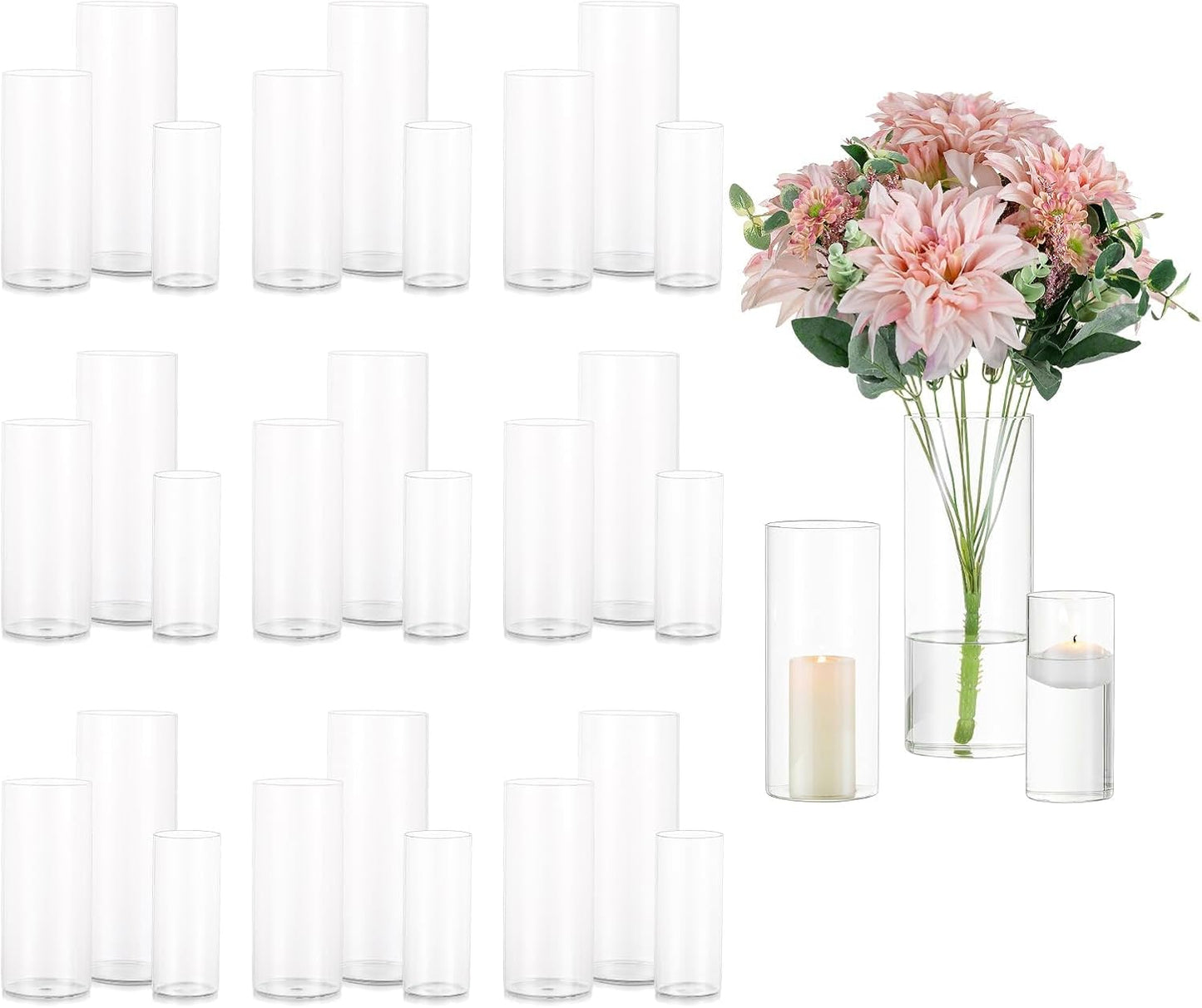 Glasseam Clear Cylinder Vases for Centerpieces, Glass Cylinder Vase Set of 30 for Flowers, Modern Hurricane Candle Holder for Pillar Candles, Floating Candle Vases for Wedding Table Decorations