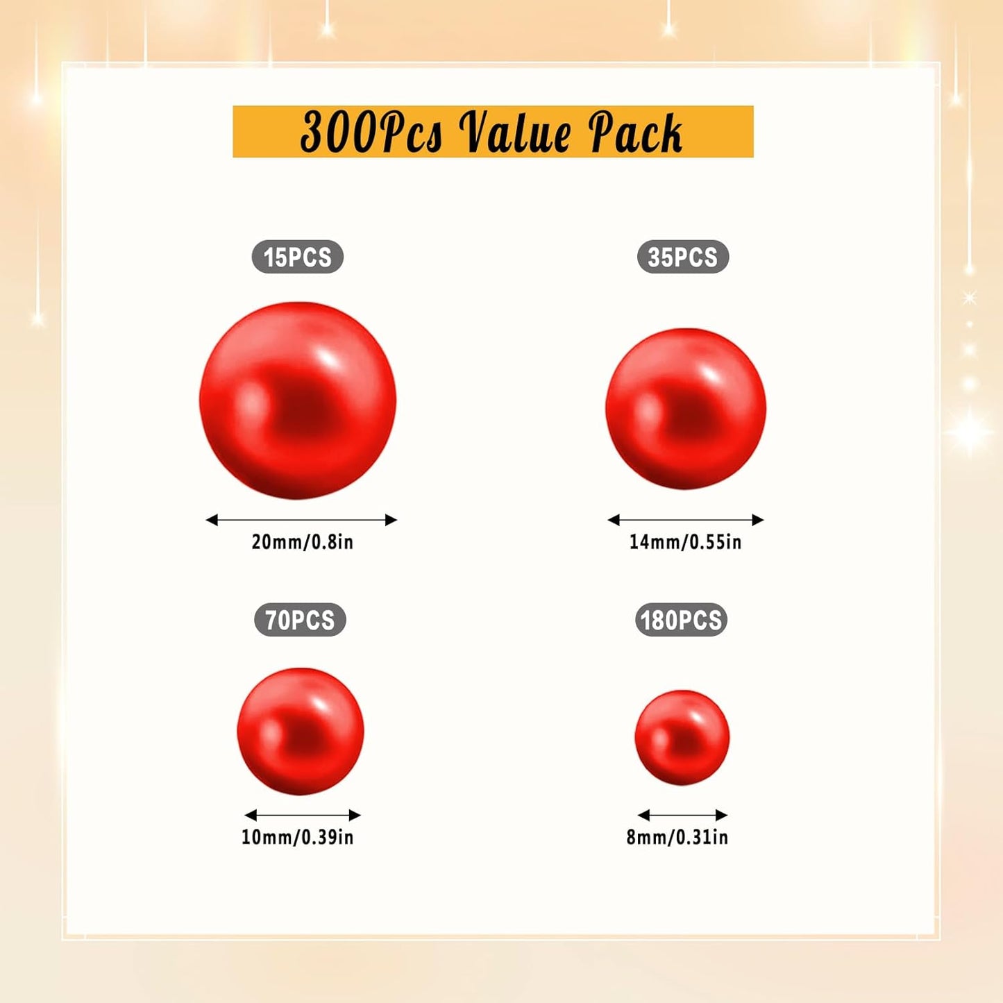 300Pcs Pearl Vase Filler, Red No Hole Faux Pearl Beads for Centerpieces Vases, Candle Centerpieces, Wedding Birthday Party Home Decor 8/10/14/20mm