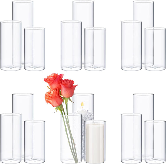 Sawysine 18 Pcs Glass Cylinder Vases 2.5''/2.95''/3.9'' Diameter Clear Flowers Vase Hurricane Floating Candles Holders for Table Centerpieces (3.9 x 8 in,3.9 x 10 in,3.9 x 12 in)