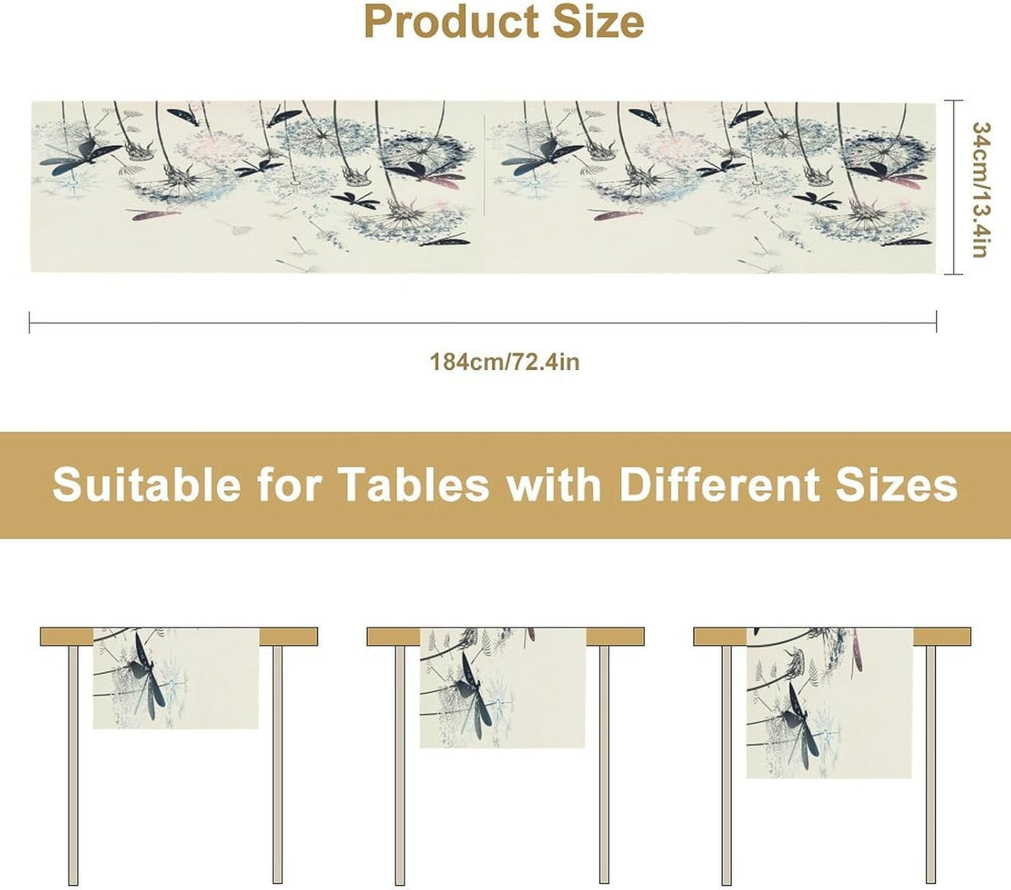 Dandelion Table Runner,Nature Rustic Dragonfly Teal Blue Floral Pattern Print Burlap Tablecloth for Hotel Indoors Outdoor Dining Room Kitchen Table Decor, 13x90in