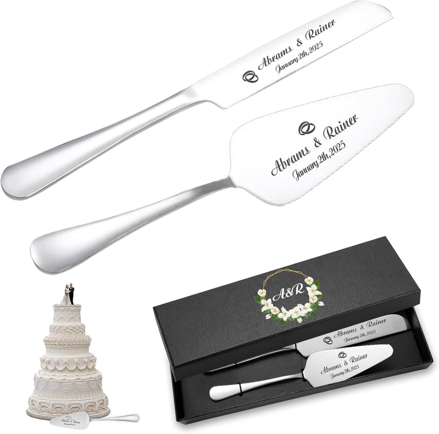 Personalized Wedding Cake Knife and Server Set - Custom Name Engraved Cutting Set with Elegant Gift Box, Ideal for Bridal Wedding Anniversary Birthday Gifts (Regular handle)