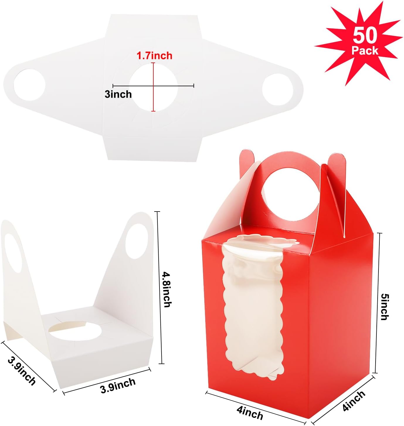 Individual Cupcake Boxes 4x4x5 Inches Disposable Pastry Tray Boxes, With Window Insert and Handle, Perfect for Parties, Birthdays, Bakery Wrapping and Events Containers (Red-50Pack)