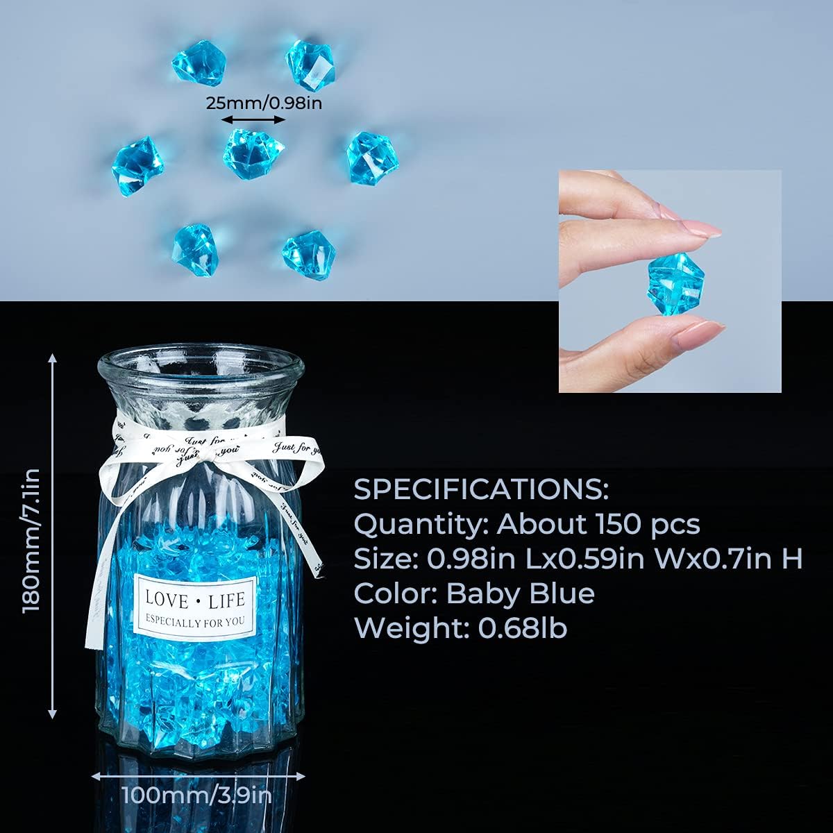 Babenest Acrylic Crushed Ice Rocks, 150 PCS Fake Crystals Plastic Ice Cubes Diamonds Gems for Vase Fillers, Home Decoration, Table Scatter, Event, Wedding, Arts & Crafts (Baby Blue)