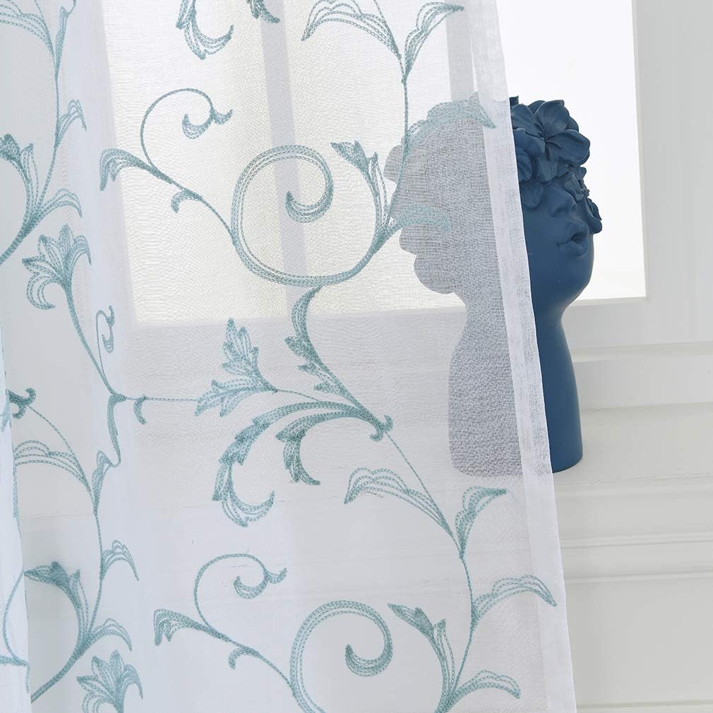 Embroidery Blue Sheer Curtains 84 Inches Long, Rod Pocket Sheer Drapes for Living room, Bedroom, 2 Panels, 52"x84", Vintage Semi Crinkle Voile Window Treatments for Yard, Patio, Villa, Parlor.