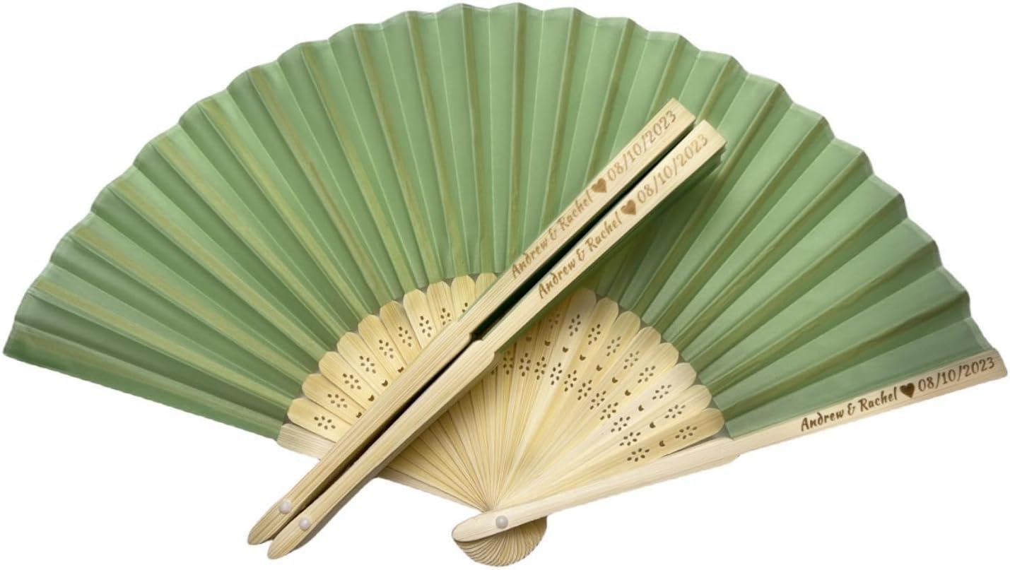 Personalized Wedding Fans Handheld Folding Fans(50Pcs) - Custom Engraved Green Silk Fans for Bridal Shower Favor/Baby Shower Favor, Birthdays Party Gifts/Gifts for Party Guests