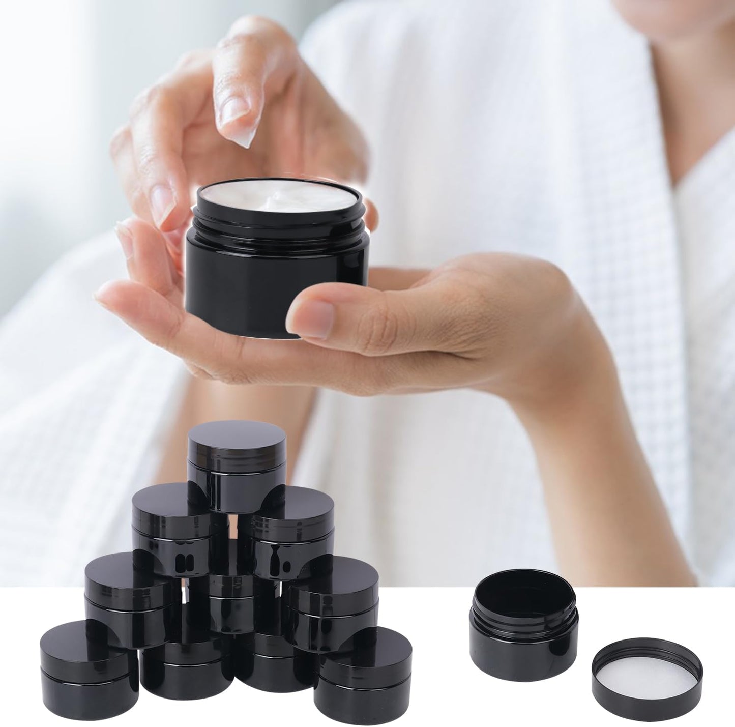 110 Packs 2 OZ Black Plastic Jars with black Lids, Body Butter Containers, Cosmetic Containers jars for Kitchen Ingredients, beads, sequins, Lotion, Cream, DIY Crafts and More by KUKLIPJIM