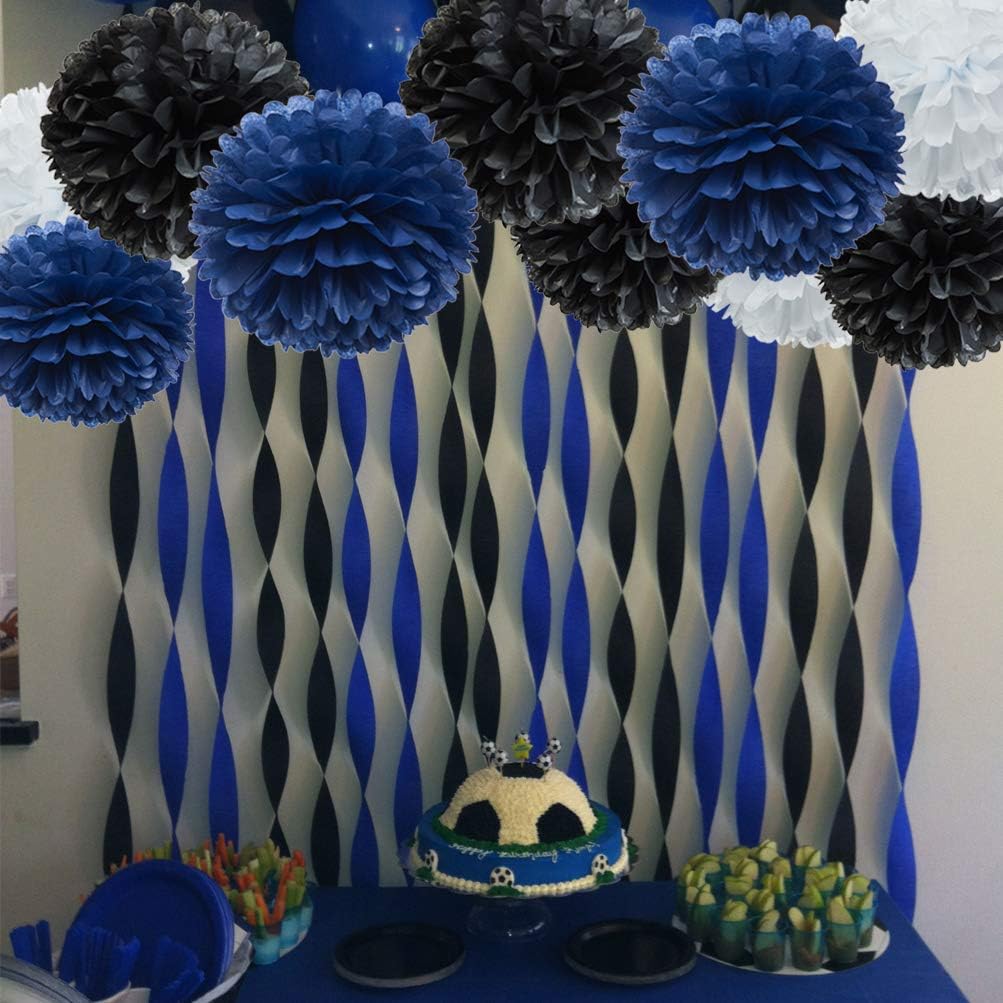Paper Flower Tissue Pom Poms Graduation and Galaxy Party Favor Flowers (Black,Navy Blue,White,12pc)