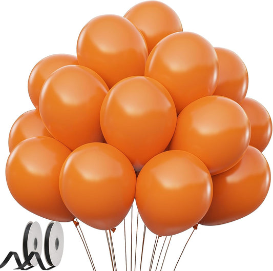 Orange Balloons, Latex Party Balloons with Ribbons, 100 Pack 12 inch Orange Round Helium Balloons for Autumn Wedding, Graduation,Birthday,Halloween Party Decorations and Spooky Party