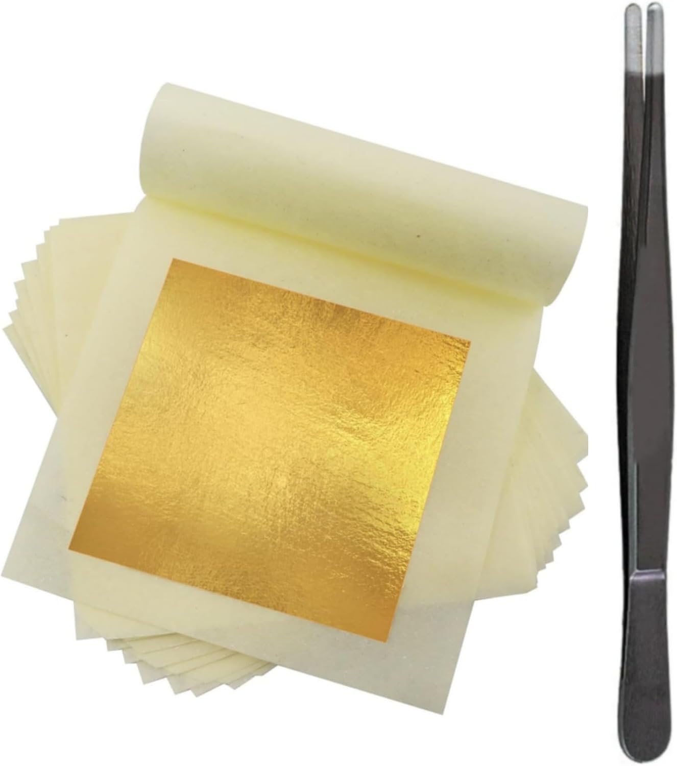 100 Sheets Gold Flakes With A Pair of Tweezers, Premium Gold Leaf 3.15×3.15 Inches Craft Art Decoration Perfect for Decorating Cakes Desserts Drinks Ice Cream Sushi