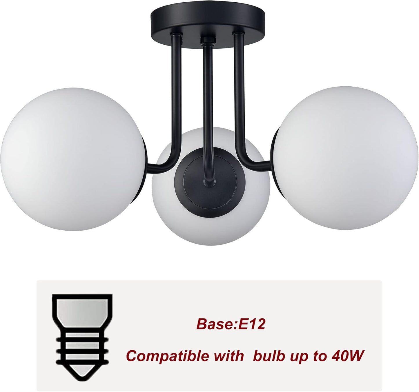 3-Light Modern Black Metal Semi Flush Mount Ceiling Light with White Globe Glass Shade Ceiling Mount Light Fixture for Hallway Living Room Sputnik Chandelier Lighting