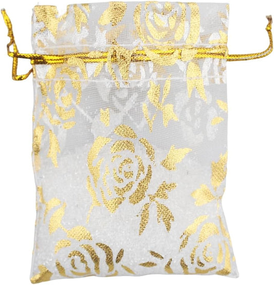 QIANHAILIZZ 100 Pack 2.8 x 3.5 Inch Flower Heart Organza Jewelry Gift Pouch Candy Pouch Drawstring Wedding Favor Bags B511S (white gold flower)