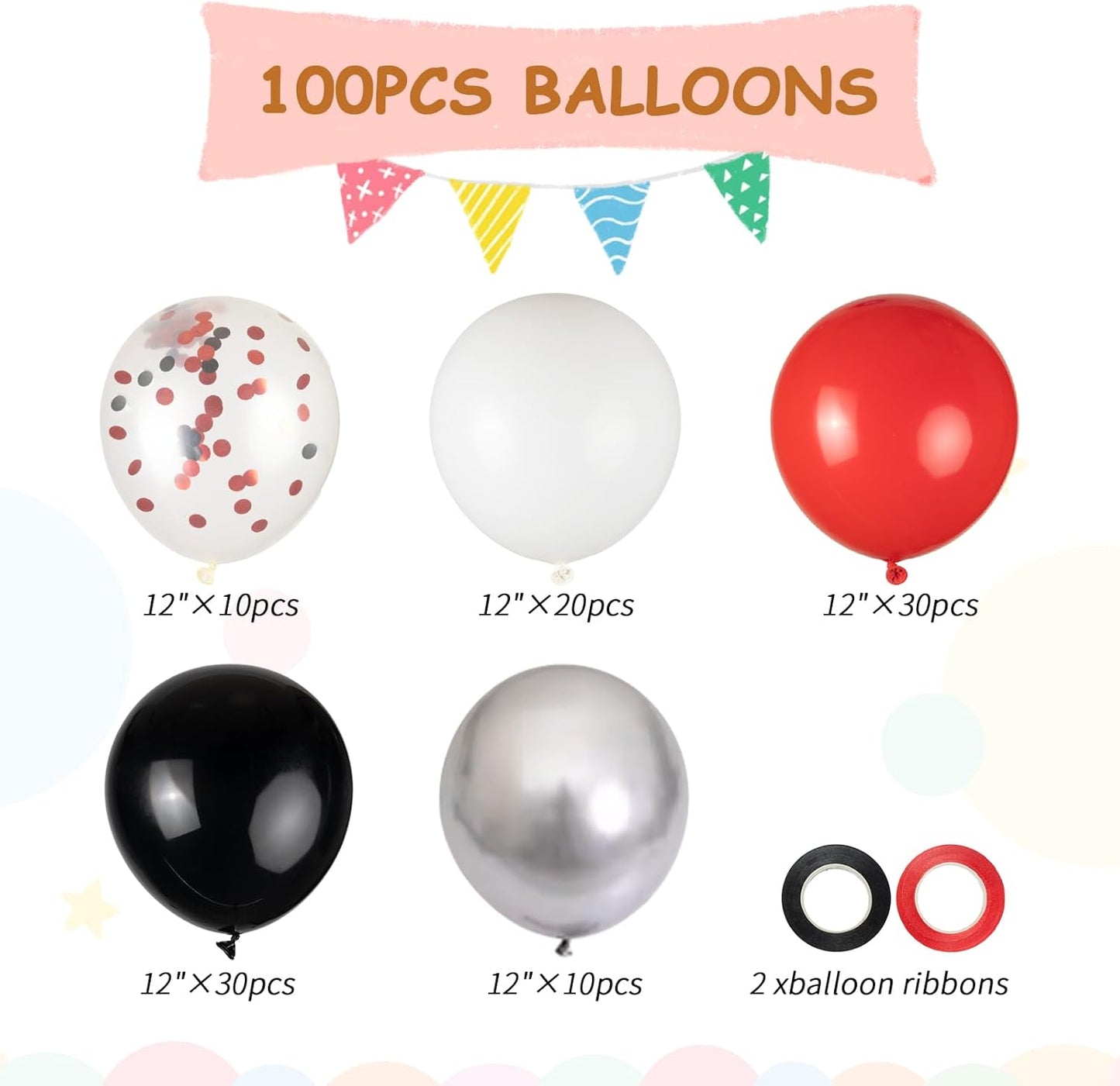 100pcs Red Black White Balloons Kit - 12 Inch Metallic Silver Confetti Latex Balloons for Christmas, Spider-Man Birthday, Masquerade Ball, Graduation, Halloween (66ft Ribbons)