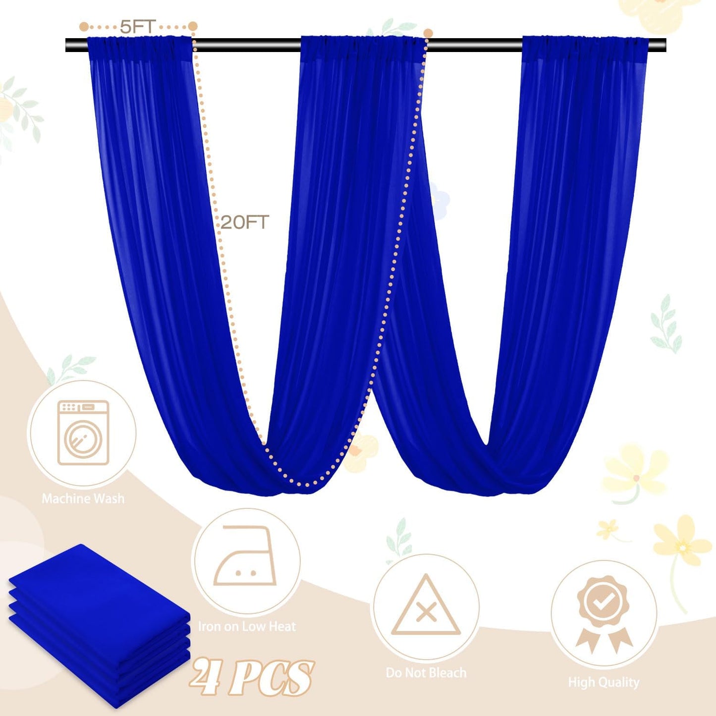 FUHSY Royal Blue Ceiling Drapes for Wedding Arch Draping Fabric Chiffon Wedding Drapery 4 Panels 5x20FT Sheer Curtains Drapes Tulle Backdrop for Reception Party Ceiling Decorations Arch Drapes Wedding