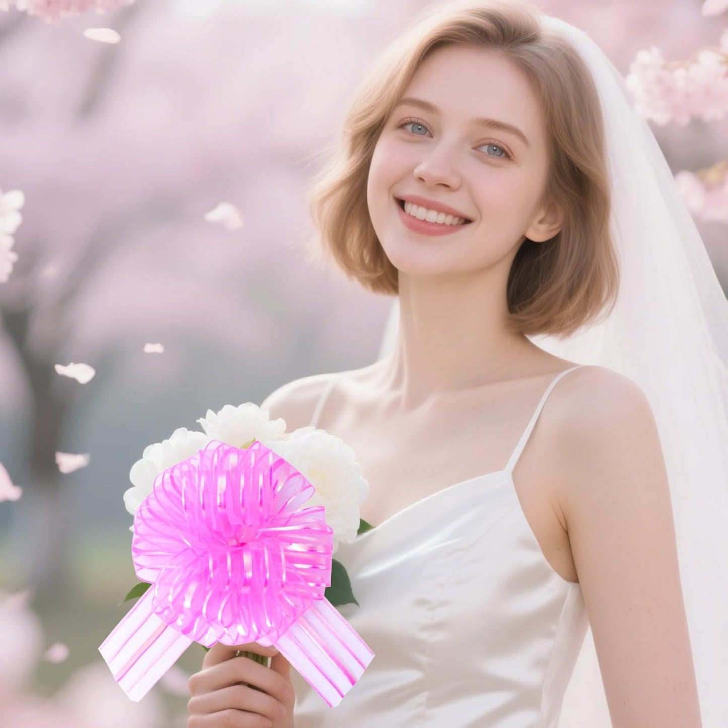 6 Pcs 6 Inch Pink Organza Pull Bow – Perfect for Wedding Decoration, Gift Wrapping Baskets, Car Bows, Birthday Parties, Christmas and Valentine's Day