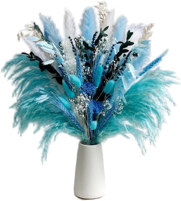 Blue Dried Flowers Bouquet with Pampas Grass - Boho Home Decor and DIY Floral Arrangements for Bedroom, Office, and Wedding Centerpieces