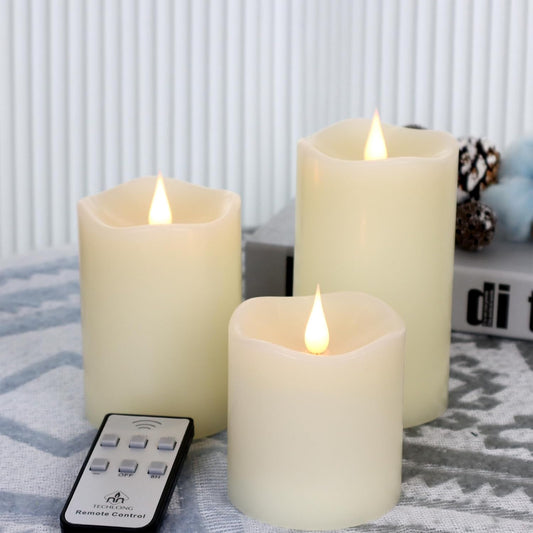 Flameless Candles Battery Operated with Remote Timer, 3D Moving Flame Flickering, Last 600+ Hours Battery Candles, Set of 3 Ivory Real Wax Electric LED Candle for Wedding Party Decor