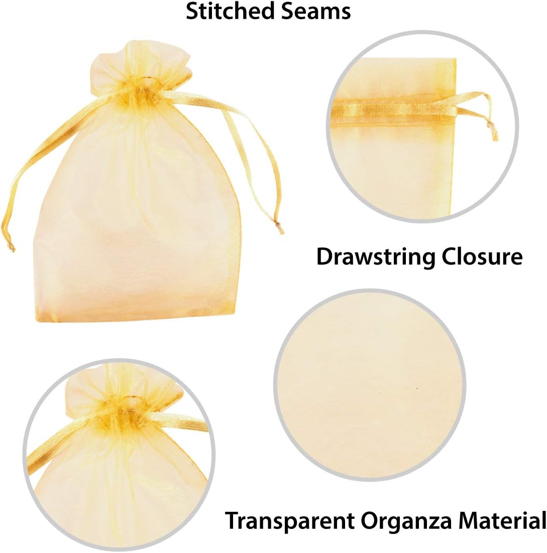 Super Z Outlet 100 Pack 5x7 Inch Mini Sheer Drawstring Organza Transparent Bags Jewelry Sack Pouches for Wedding, Party Decorations, Arts & Crafts Gifts (Gold)