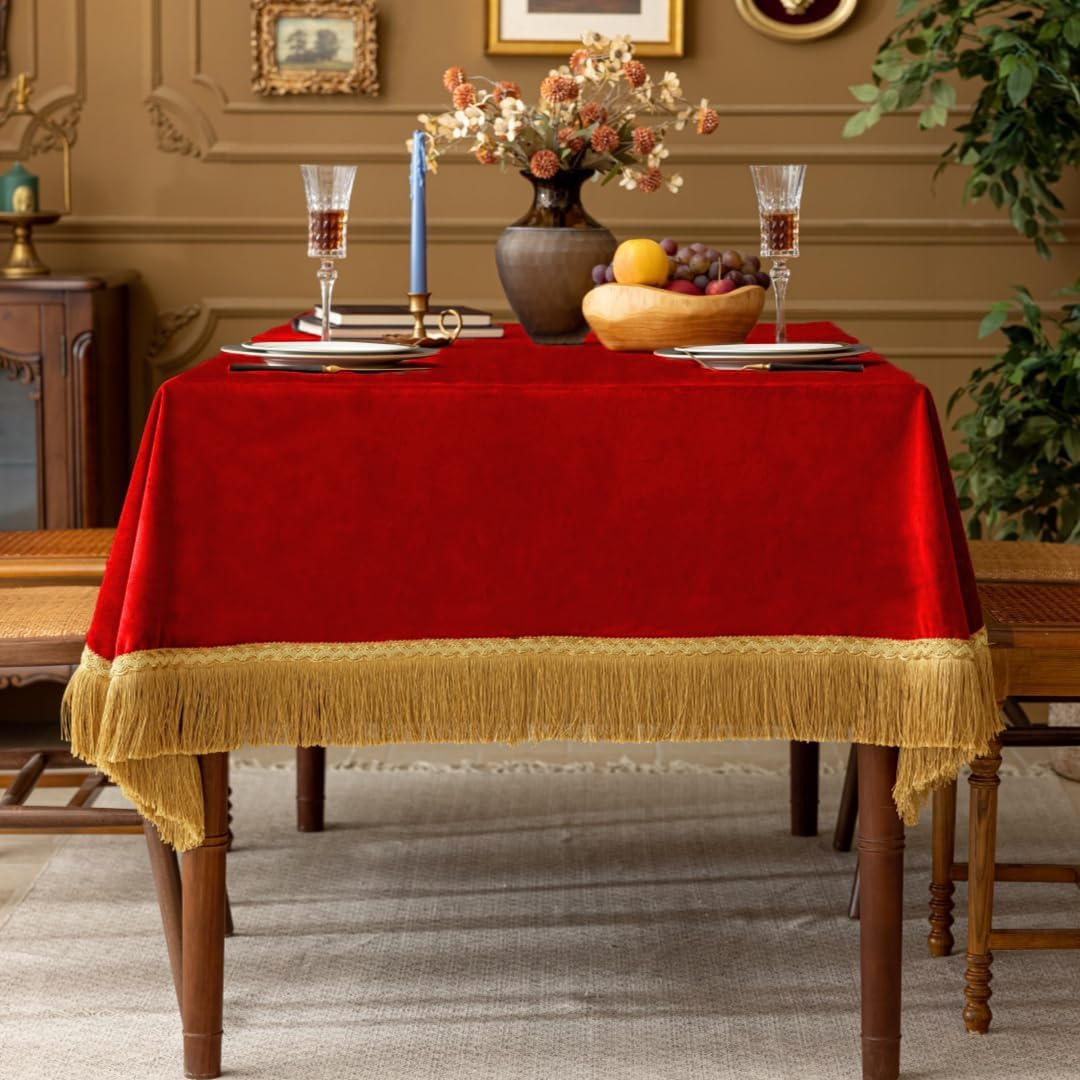 F-CHU Red Tablecloth Thickset Velvet Tablecloth with Beautiful Gold Tassels Vintage Table Cloth for Home Decor Wedding, Party, Banquet and Events 60x86-Inch