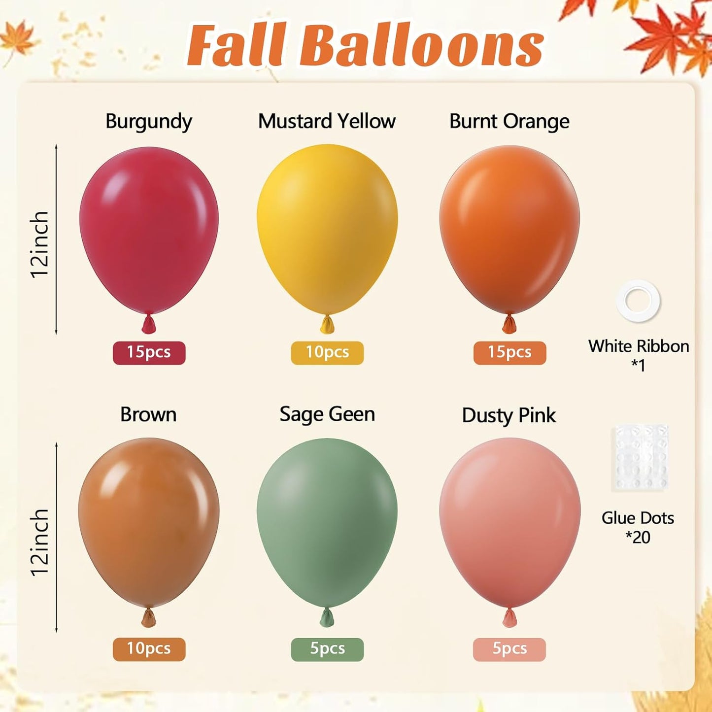 60pcs Fall Balloons, Thanksgiving Balloons 12inch with Burgundy Brown Sage Green Burnt Orange Mustard Yellow Dusty Pink Balloon for Fall Birthday Party Decorations