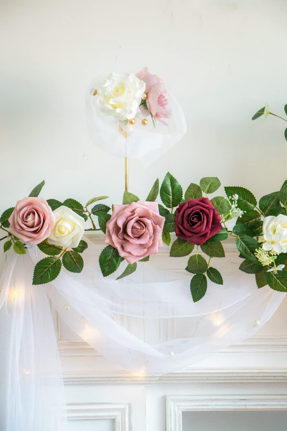 PONATIA 5FT Burgundy Artificial Flowers Garland, Dusty Rose Flowers Garland for Wedding Ceremony Garlands Backdrop Arch Flowers, Table Christmas Decorations (Burgundy & Ivory)