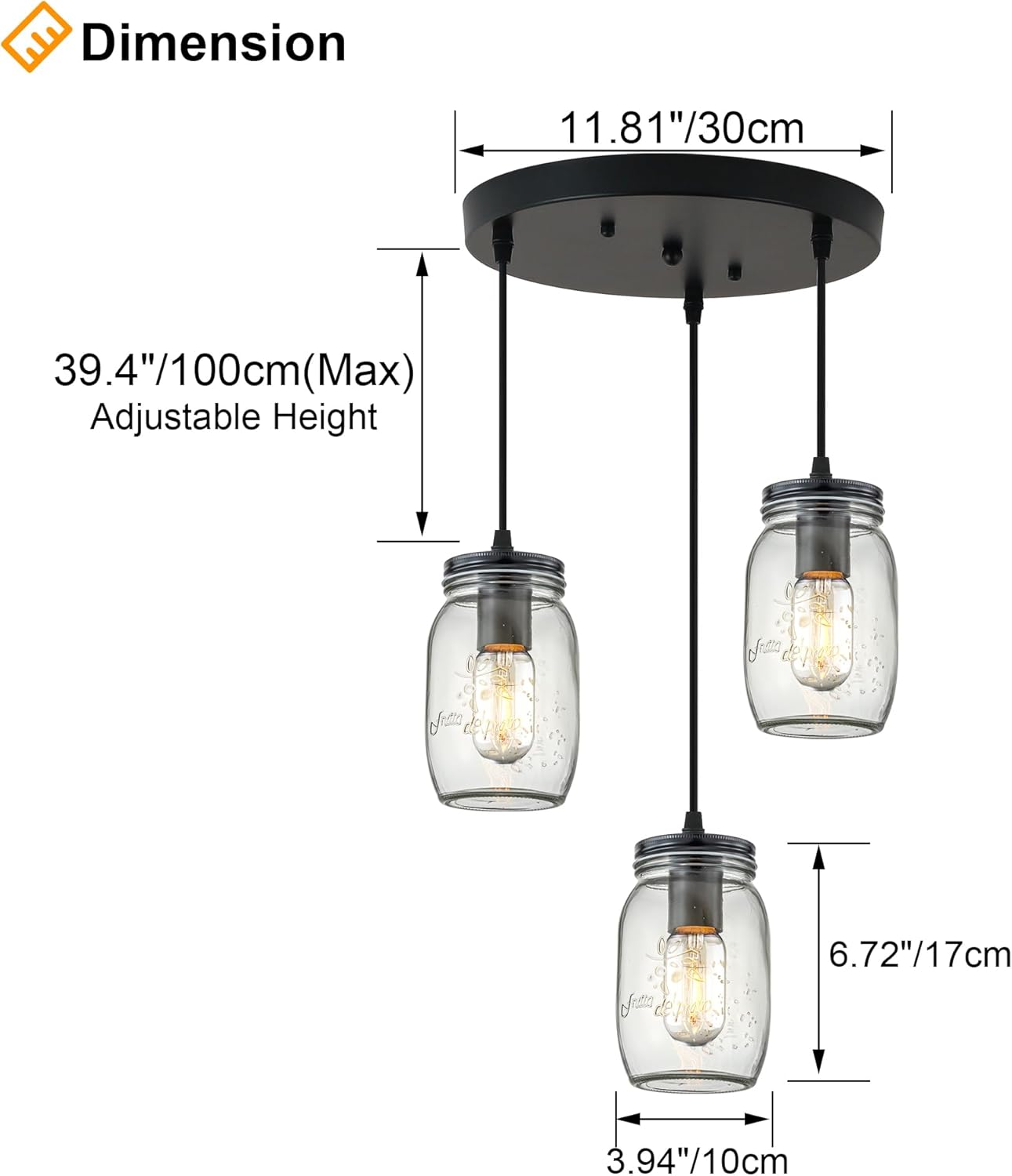 Kitchen Island Light, Adjustable Pendant Lighting,Glass Mason Jar Hanging Lamp (3-Light)